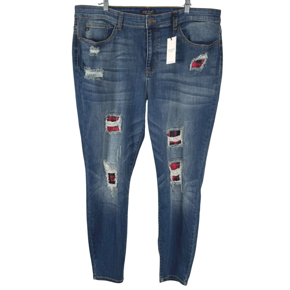 Judy Blue Skinny Fit Jeans 22W Distressed Red Buffalo‎ Plaid NWT PT-2481